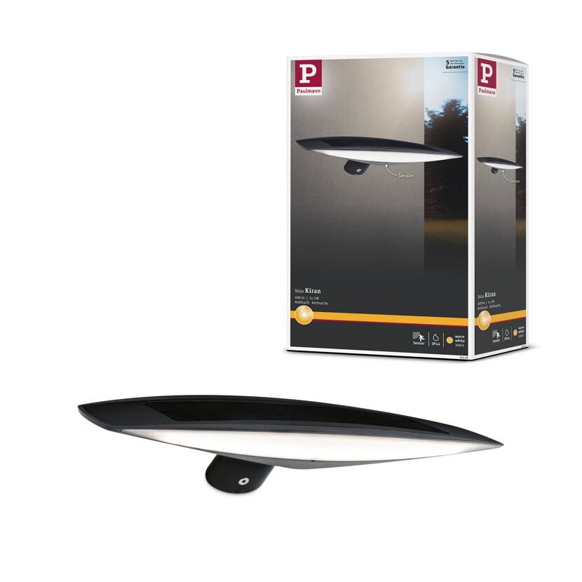 Solar Wandleuchte Kiran, IP44, 400lm, Verpackung und Produktansicht