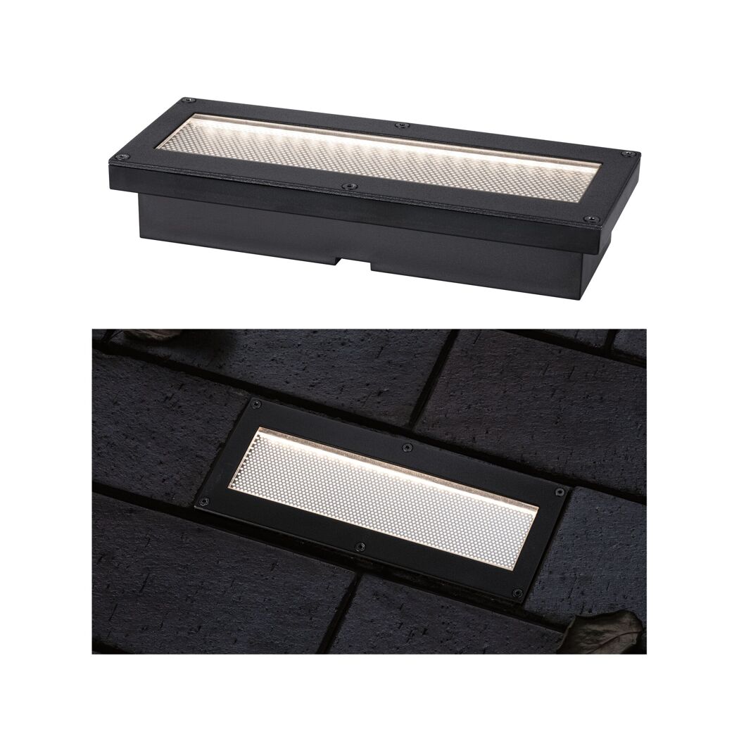 Solar Bodenleuchte Domenic, 20 x 8 cm, in schwarz, in Nahaufnahme und eingebaut.