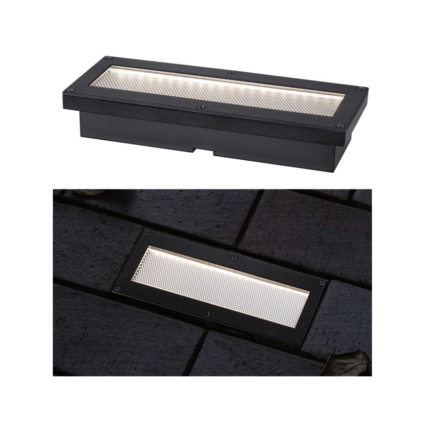 Solar Bodenleuchte Domenic, 20 x 8 cm, in schwarz, in Nahaufnahme und eingebaut.