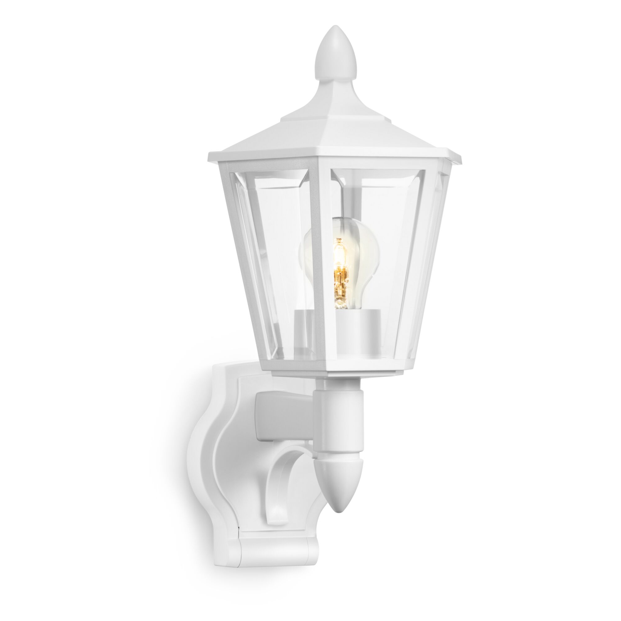 Weiße Außenwandleuchte mit Glühlampe.