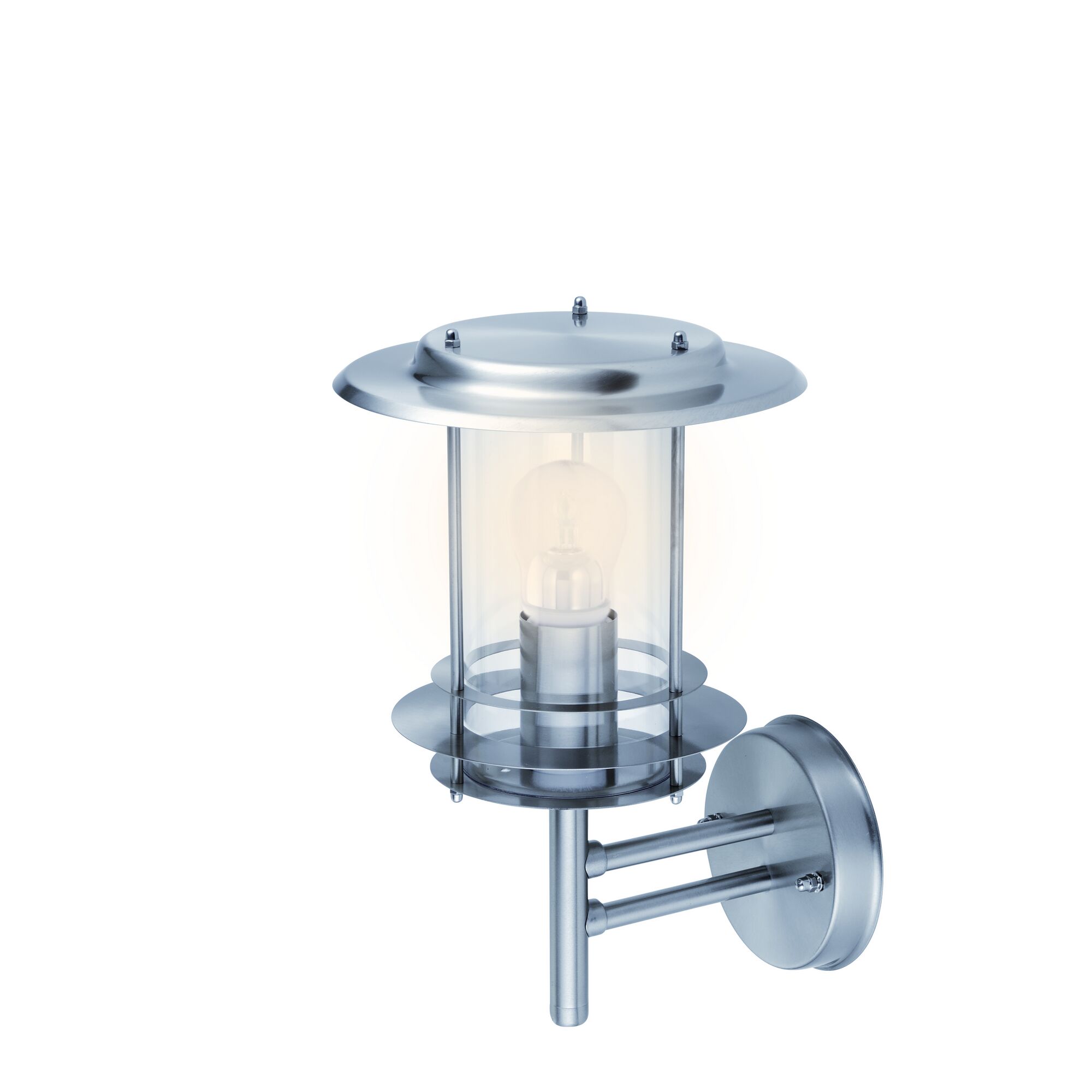 Eine leuchtende Außenwandleuchte aus Edelstahl.