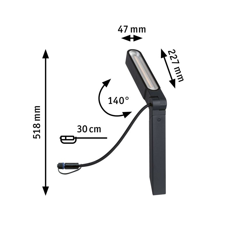Schwarzer Plug & Shine ITO Spot vertikal mit Maßen