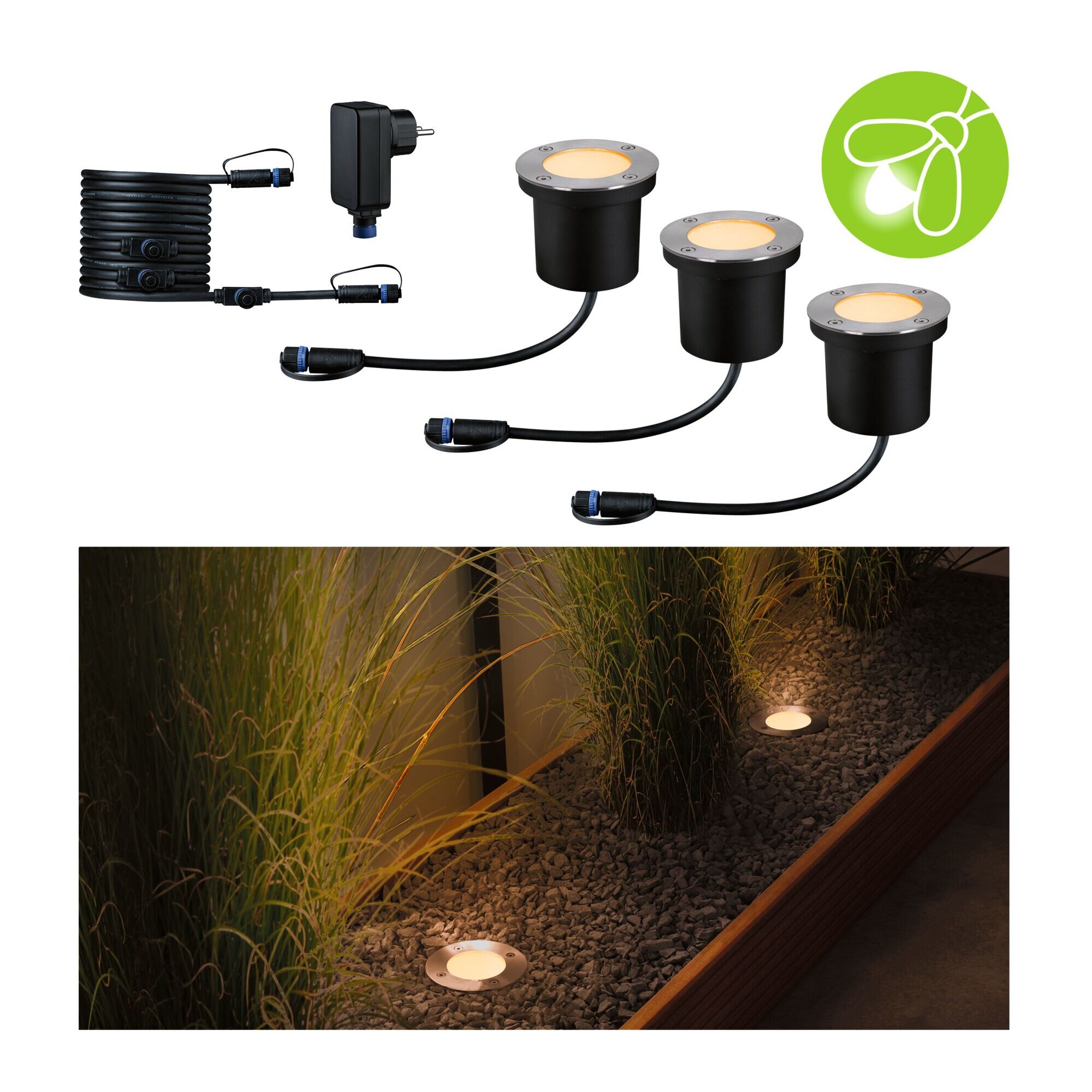 Drei LED-Bodenstrahler Plug & Shine in Betrieb