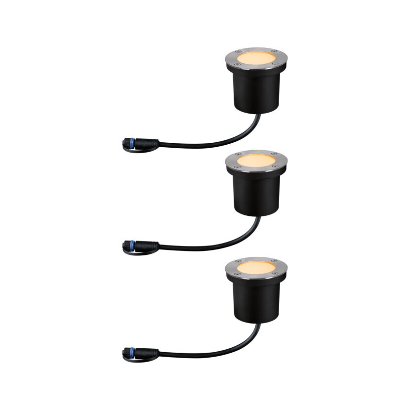Drei Plug & Shine LED-Bodenstrahler nebeneinander