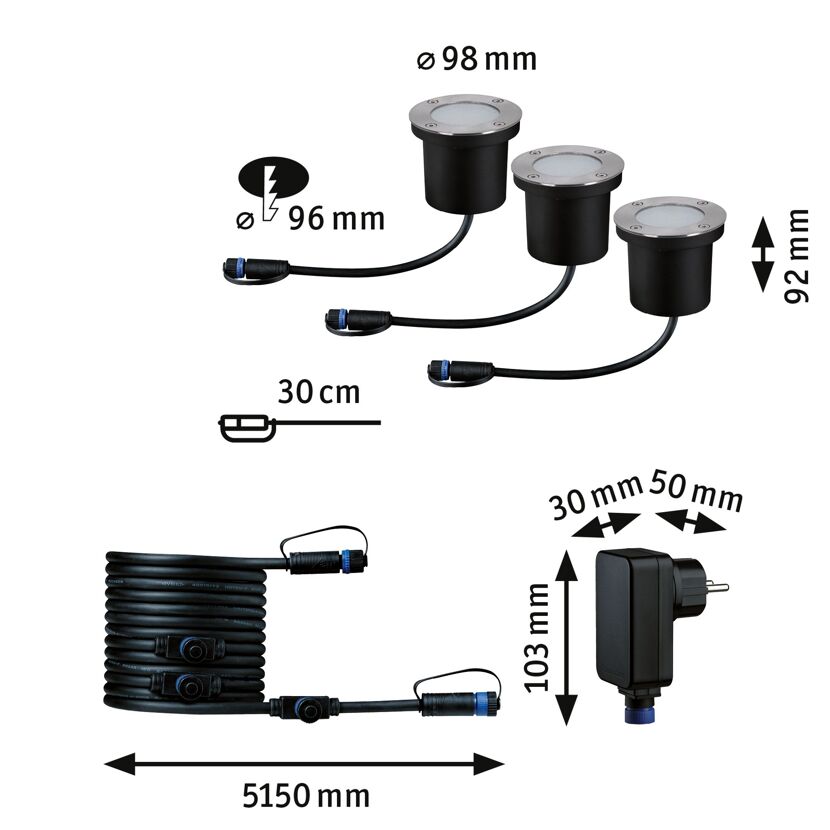 Drei LED-Bodenstrahler mit Kabel und Netzteil