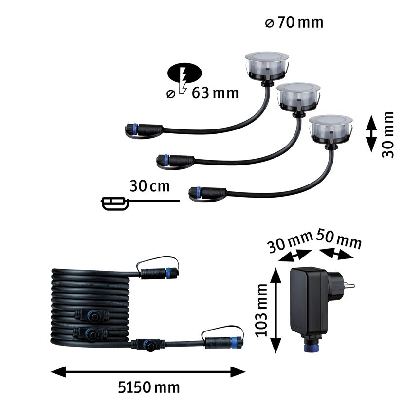 Drei LED-Einbauleuchten mit Kabel und Stecker