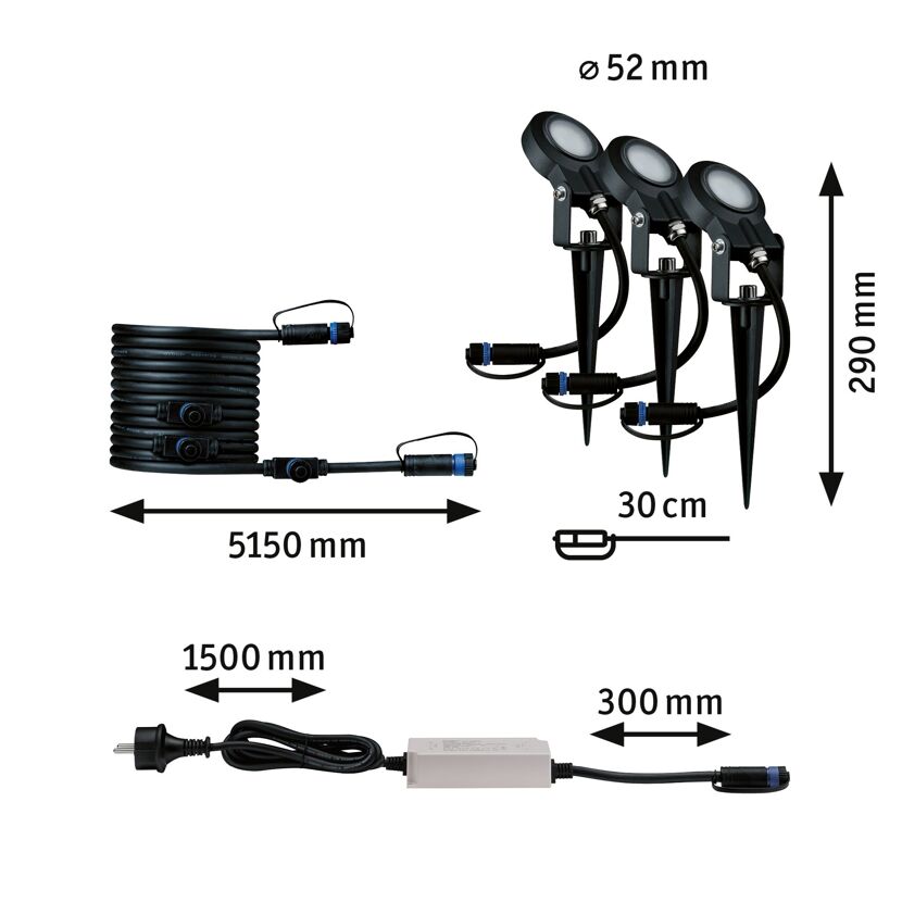 Drei schwarze Plug & Shine Sting Spots mit Kabel und Stecker