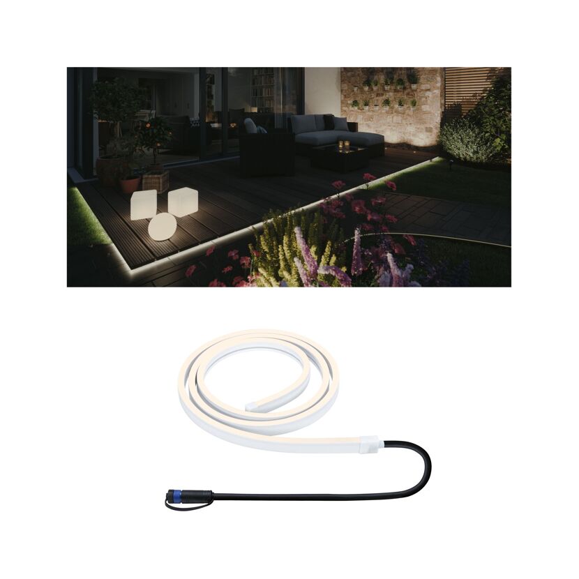 Plug & Shine Stripe Smooth 2m LED-Strip beleuchtet eine Terrasse