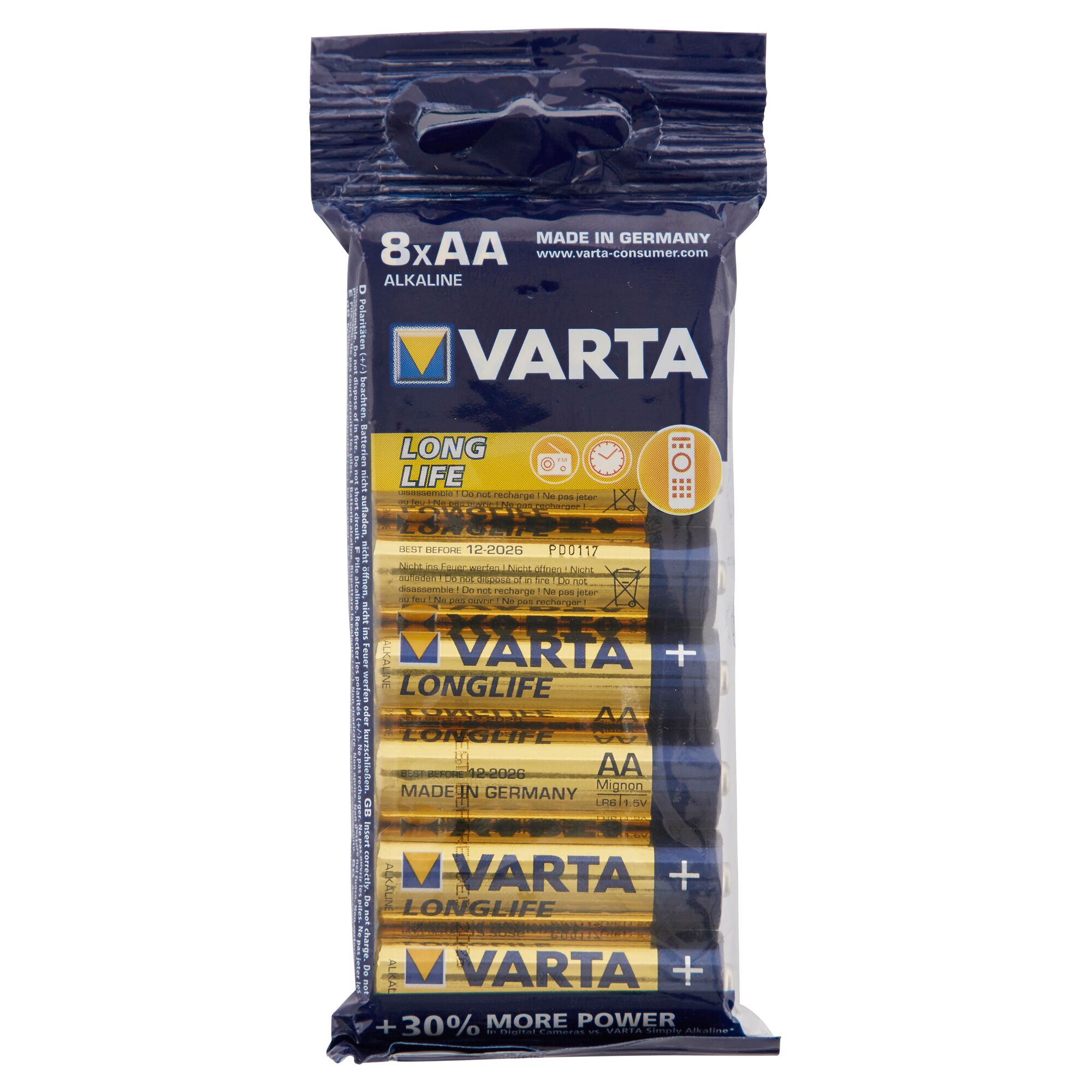 Acht Varta Longlife AA Batterien in Verpackung