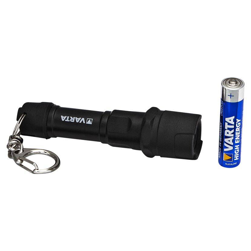Schwarze VARTA Taschenlampe mit Schlüsselanhänger und Batterie
