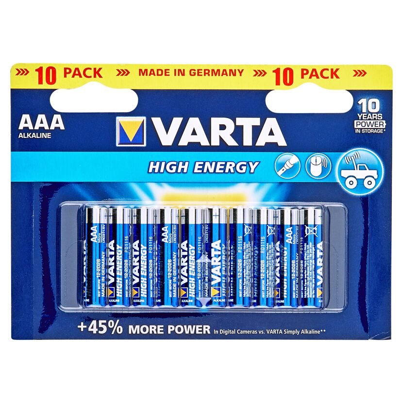Zehn VARTA High Energy AAA Alkaline Batterien in Verpackung