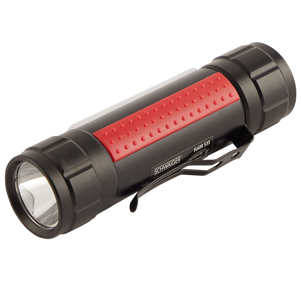 Schwarze LED Multifunktions-Lampe mit rotem Griff und Clip