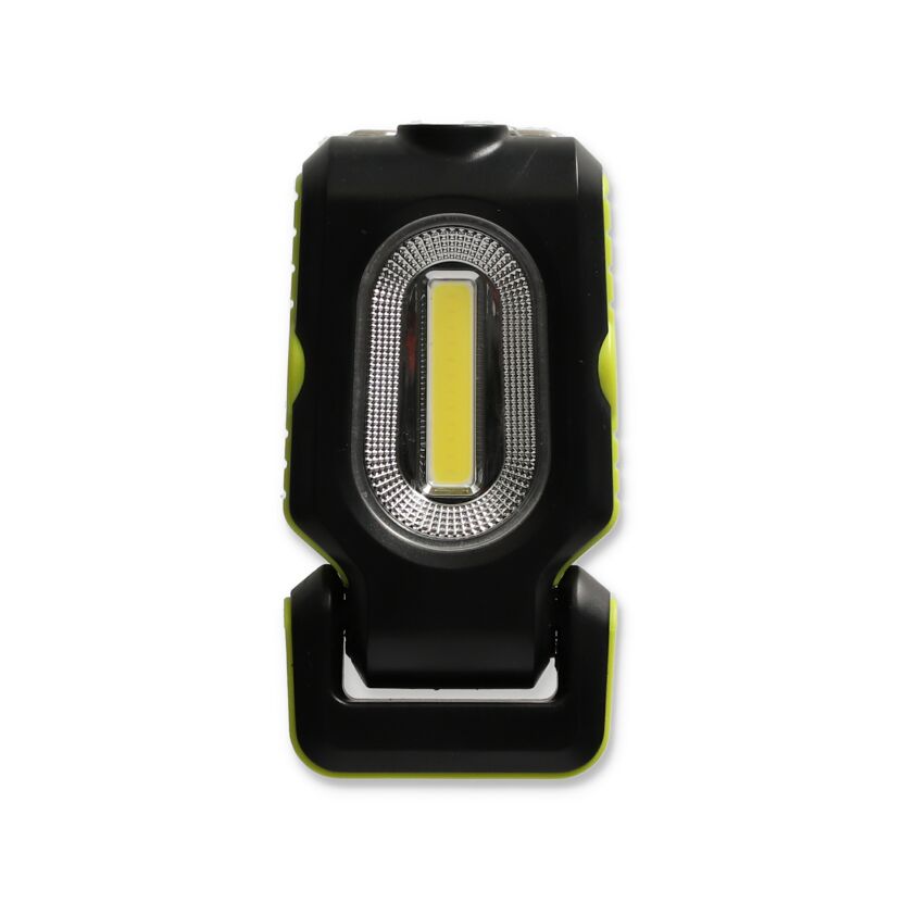 Schwarze LED Minileuchte mit grünem Rand und Halteclip.
