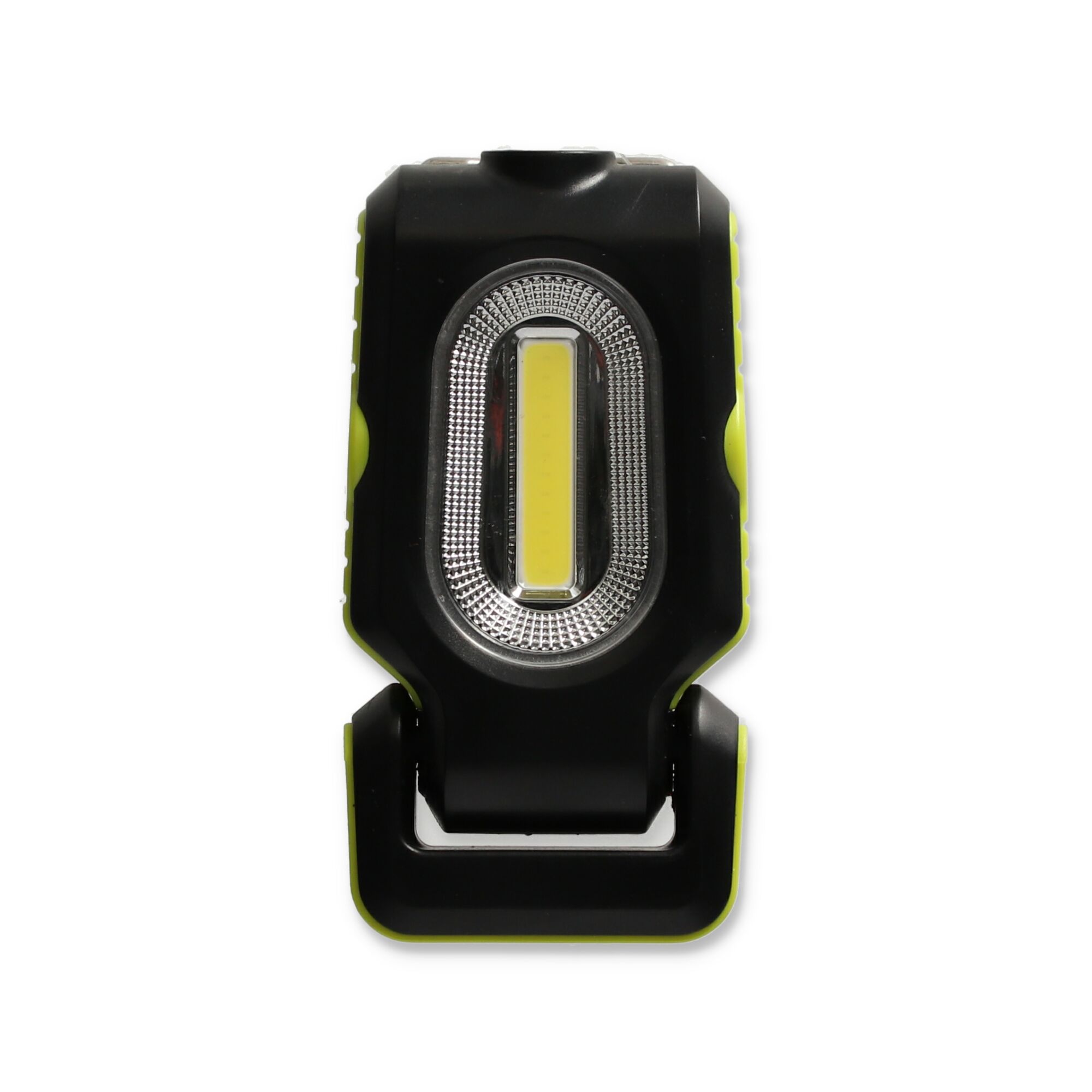 Schwarze LED Minileuchte mit grünem Rand und Halteclip.