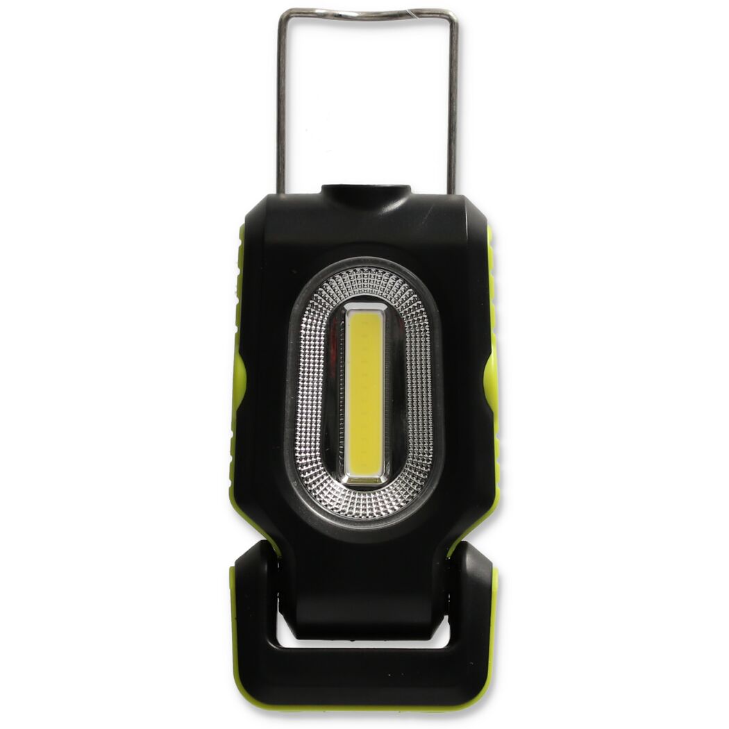 Schwarze LED-Minileuchte mit grünem Rand und Metallbügel.