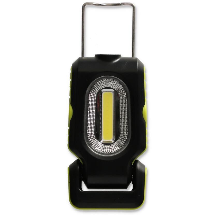 Schwarze LED-Minileuchte mit grünem Rand und Metallbügel.