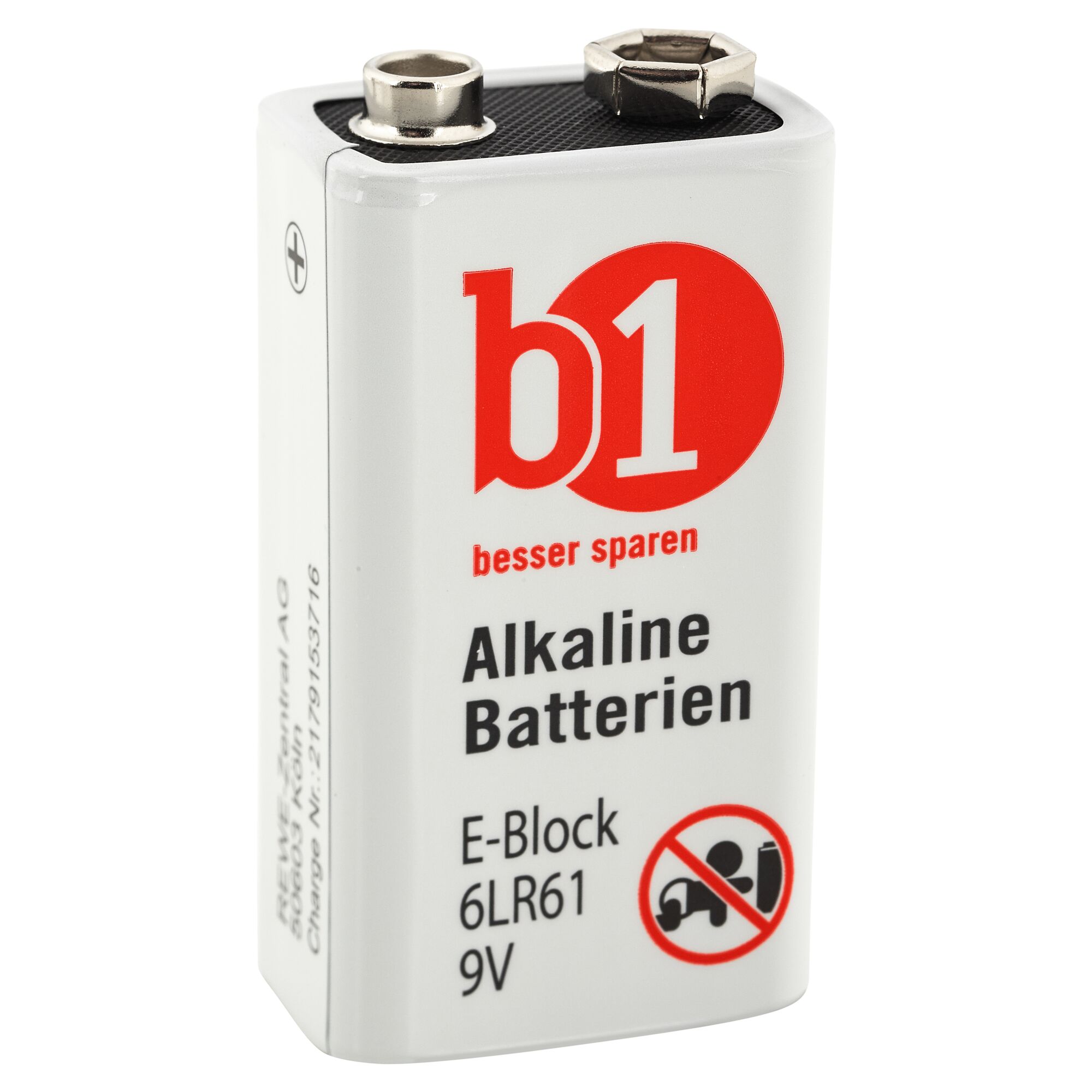 Eine 9V Blockbatterie der Marke b1.