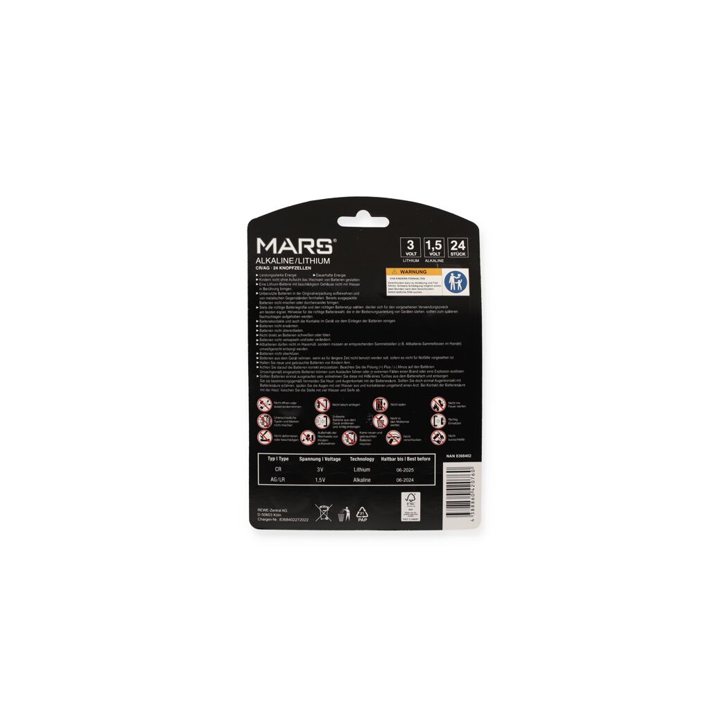 Rückseite einer Verpackung von MARS Alkaline/Lithium Knopfzellen.
