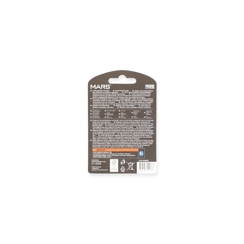 Rückseite einer Knopfzellenbatterie-Verpackung
