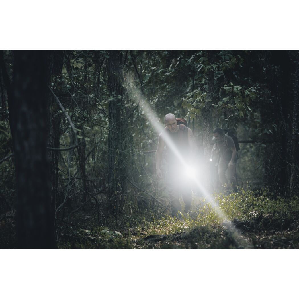 Person mit LED-Taschenlampe NEBO Davinci 18000 im Wald