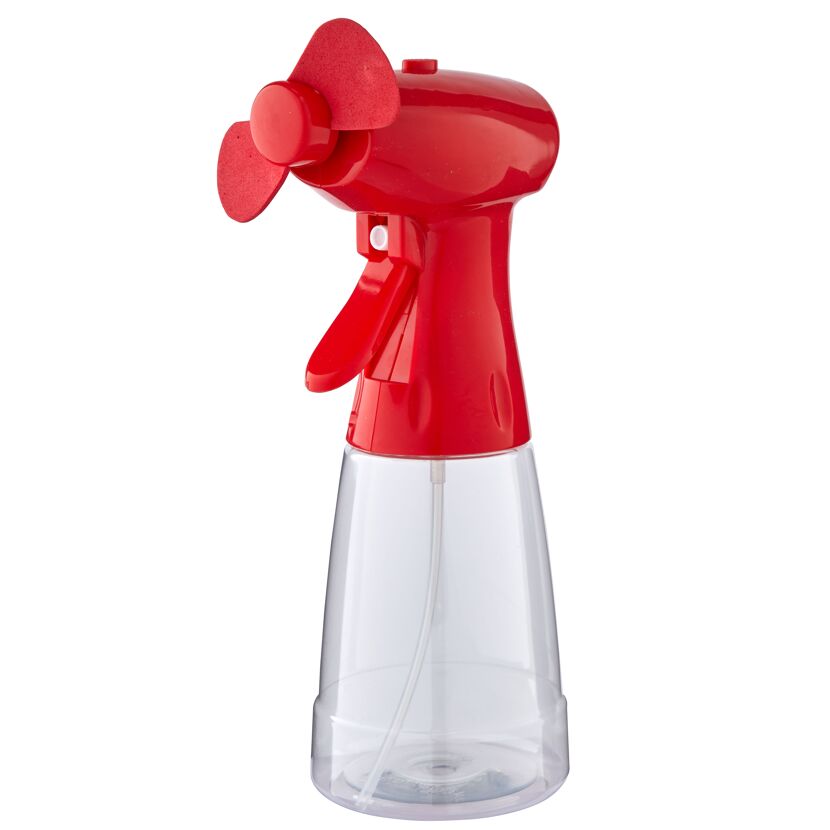 Roter Mini-Handventilator mit Sprühflasche