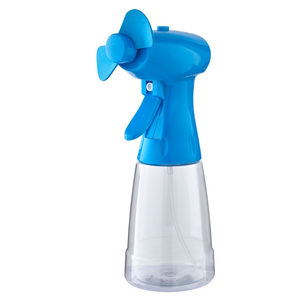 Blauer Mini-Handventilator mit Sprühflasche