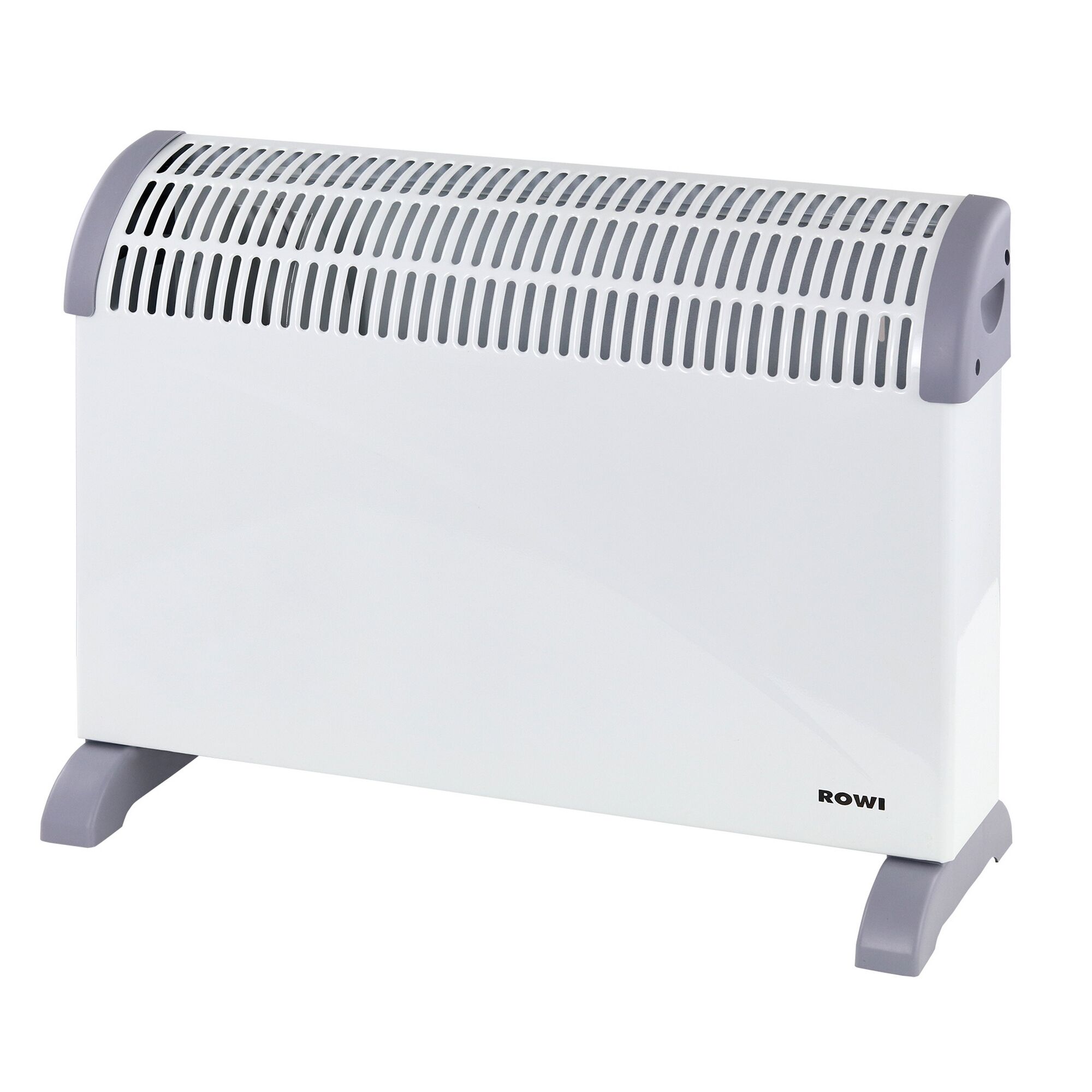 Weißer ROWI Wärmekonvektor mit grauen Füßen.