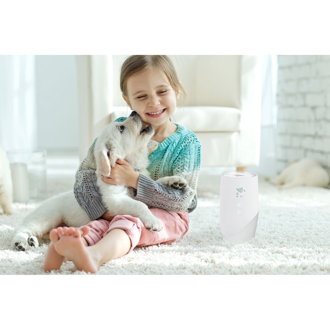 Kind spielt mit Hund, Luftreiniger im Hintergrund