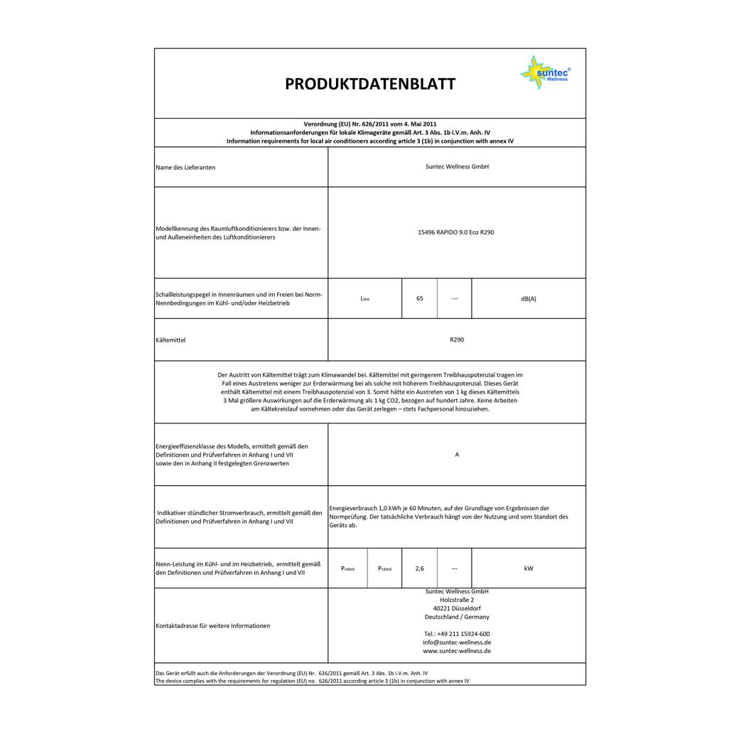 Produktdatenblatt Klimagerät RAPIDO 9.0 Eco R290