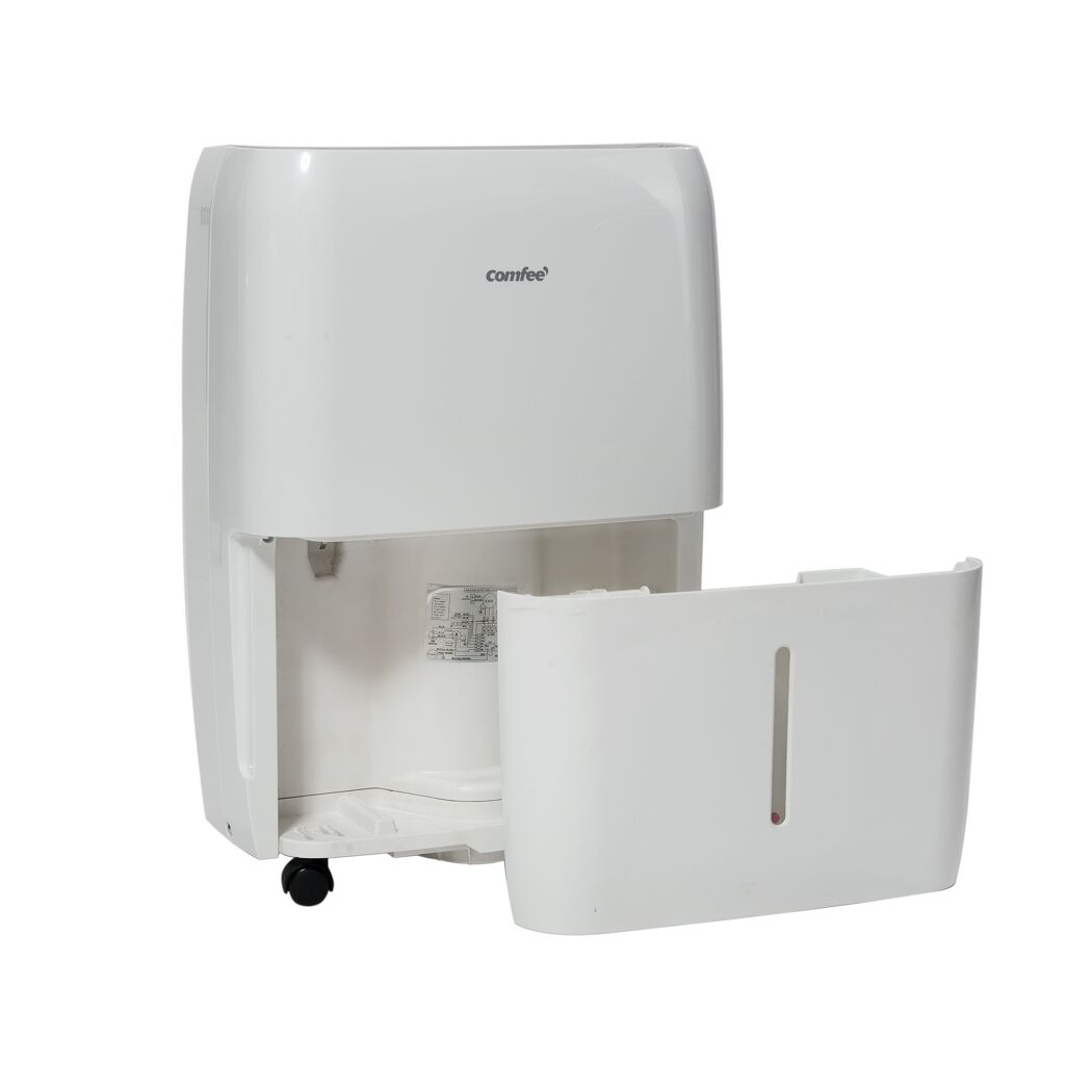 Weißer Luftentfeuchter 30 LR290 von Comfee mit geöffnetem Wassertank