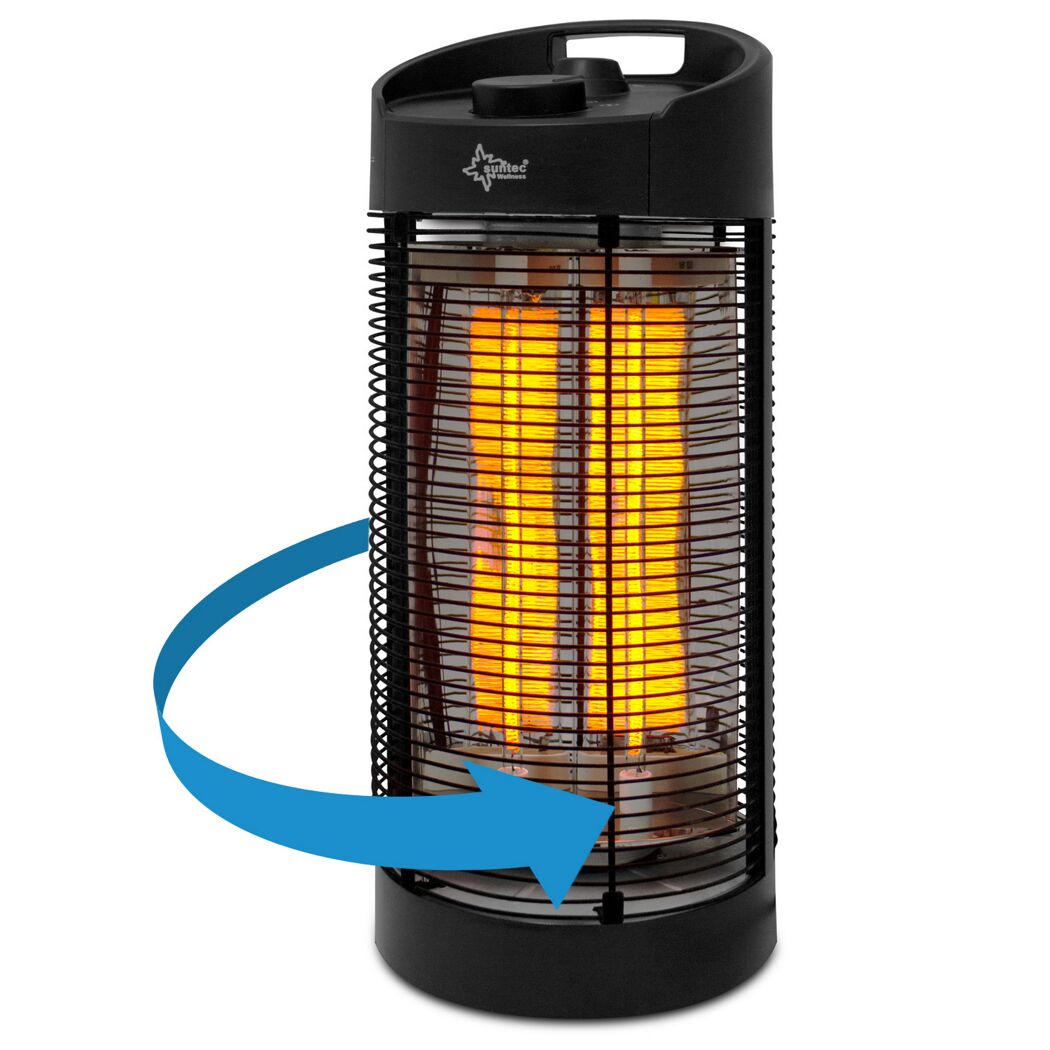 Schwarzer Heizstrahler HeatRay Carbon Tower1200 OS mit orangenen Heizstäben