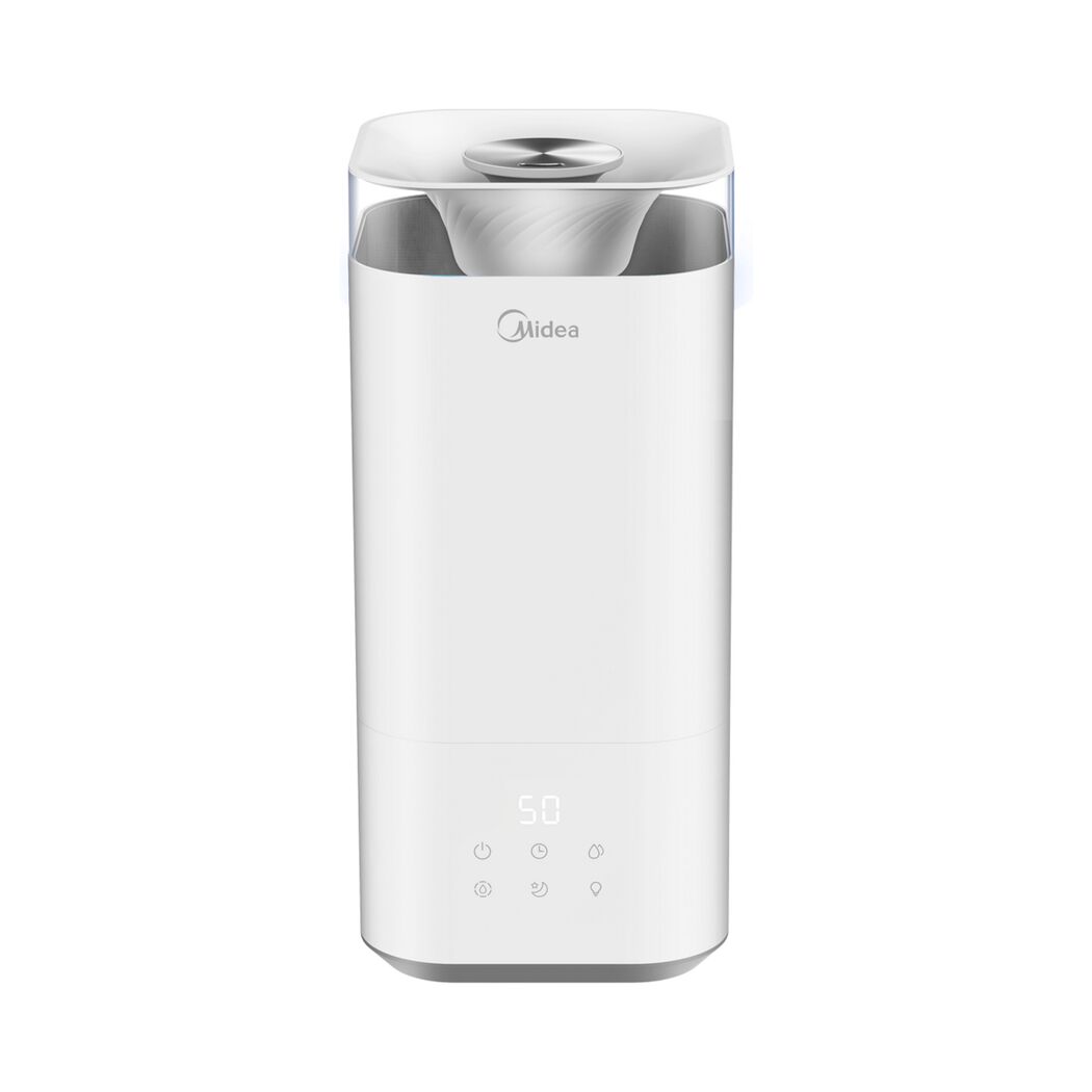 Weißer Luftbefeuchter von Midea mit digitaler Anzeige.