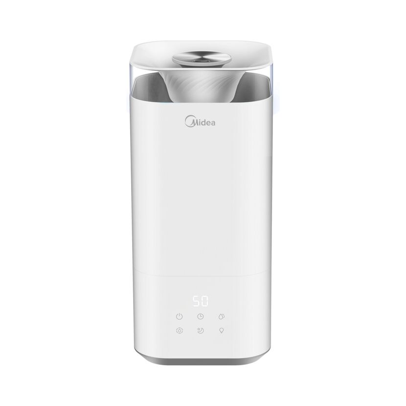Weißer Luftbefeuchter von Midea mit digitaler Anzeige.