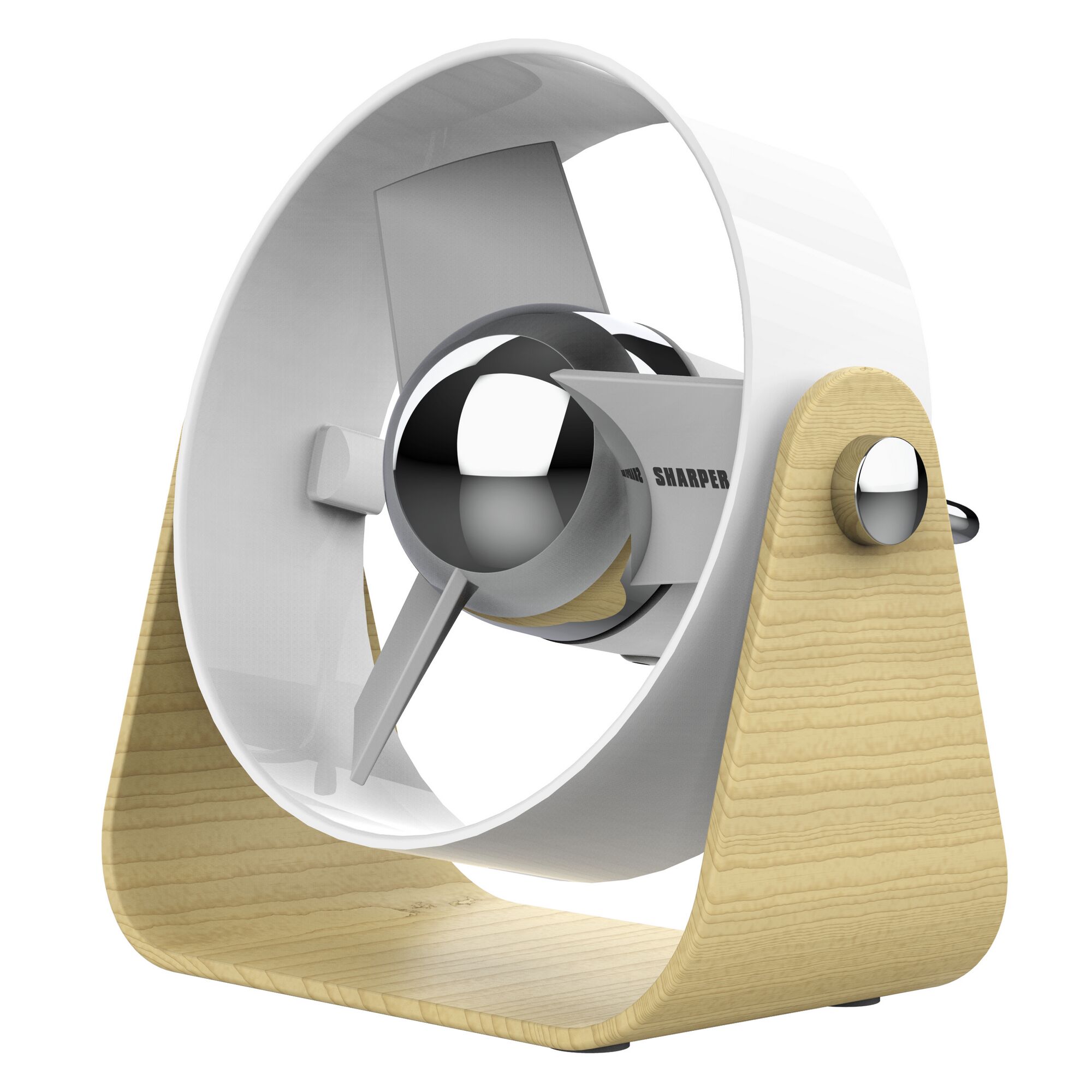Weißer Tischventilator von Sharper Image mit Holzfuß