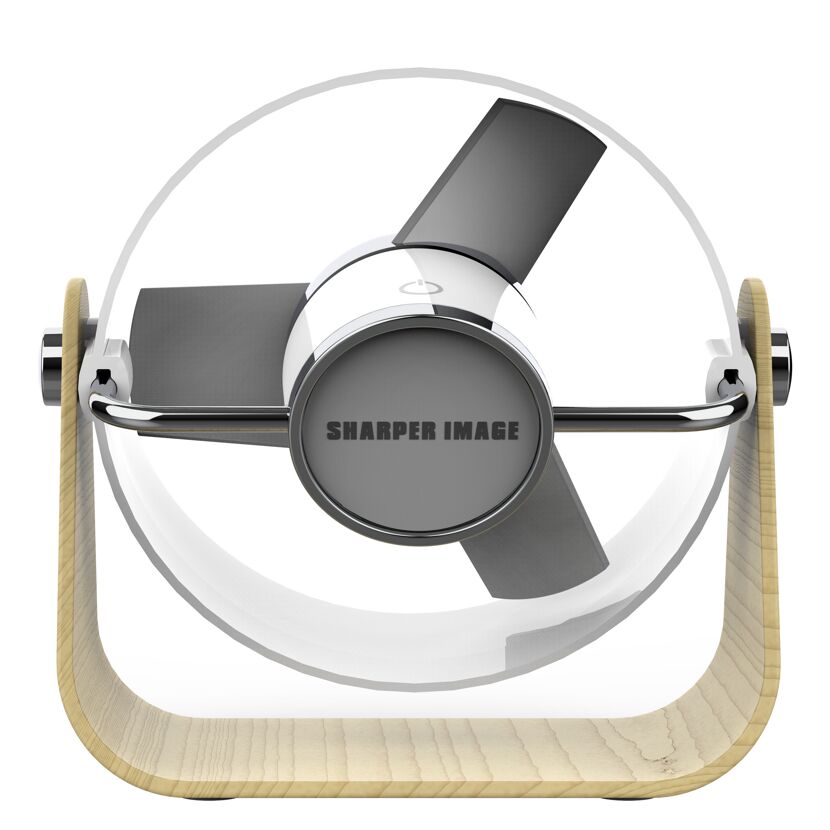 Weißer Tischventilator von Sharper Image mit Holzgestell