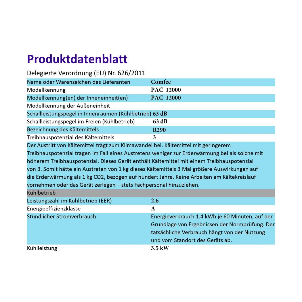 Produktdatenblatt für ein Klimagerät