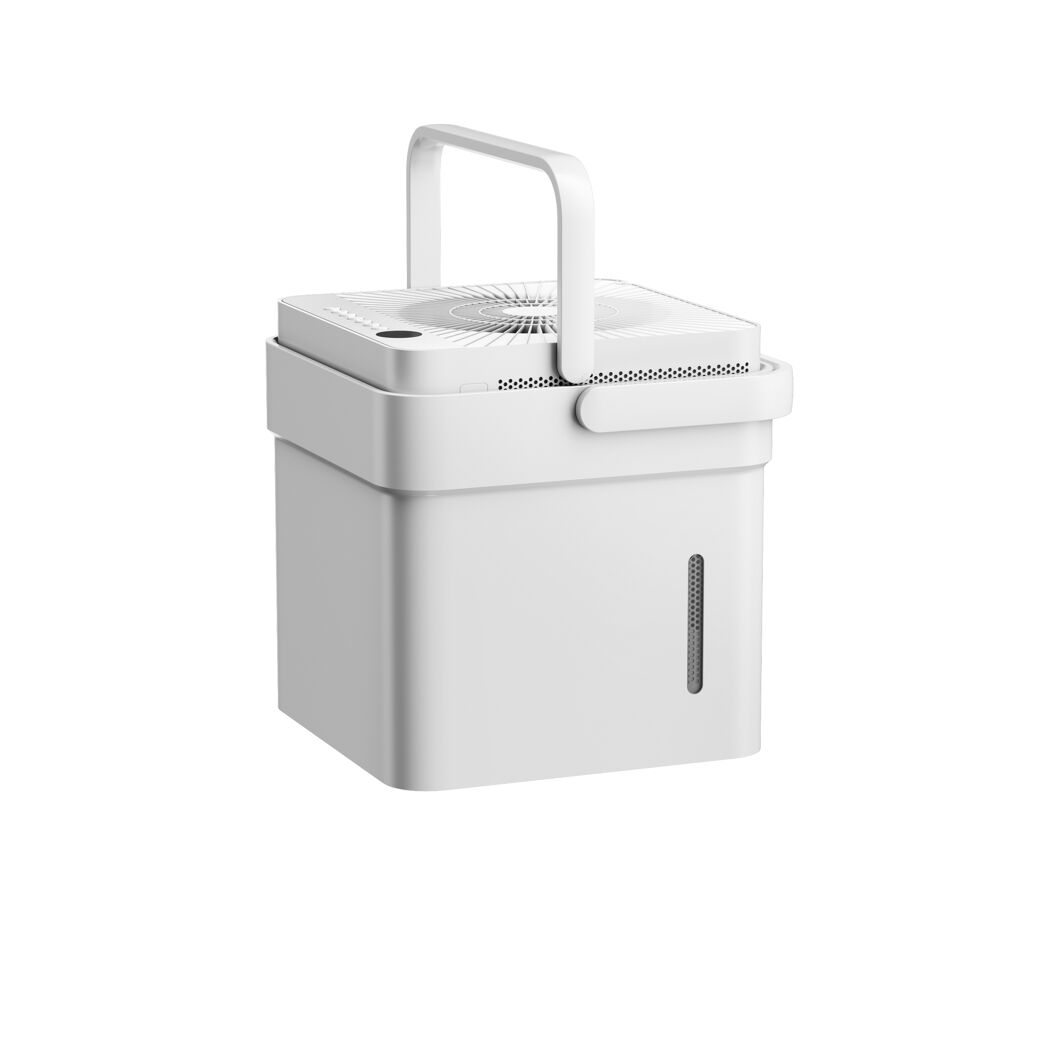 Weißer Luftentfeuchter Cube mit Tragegriff.