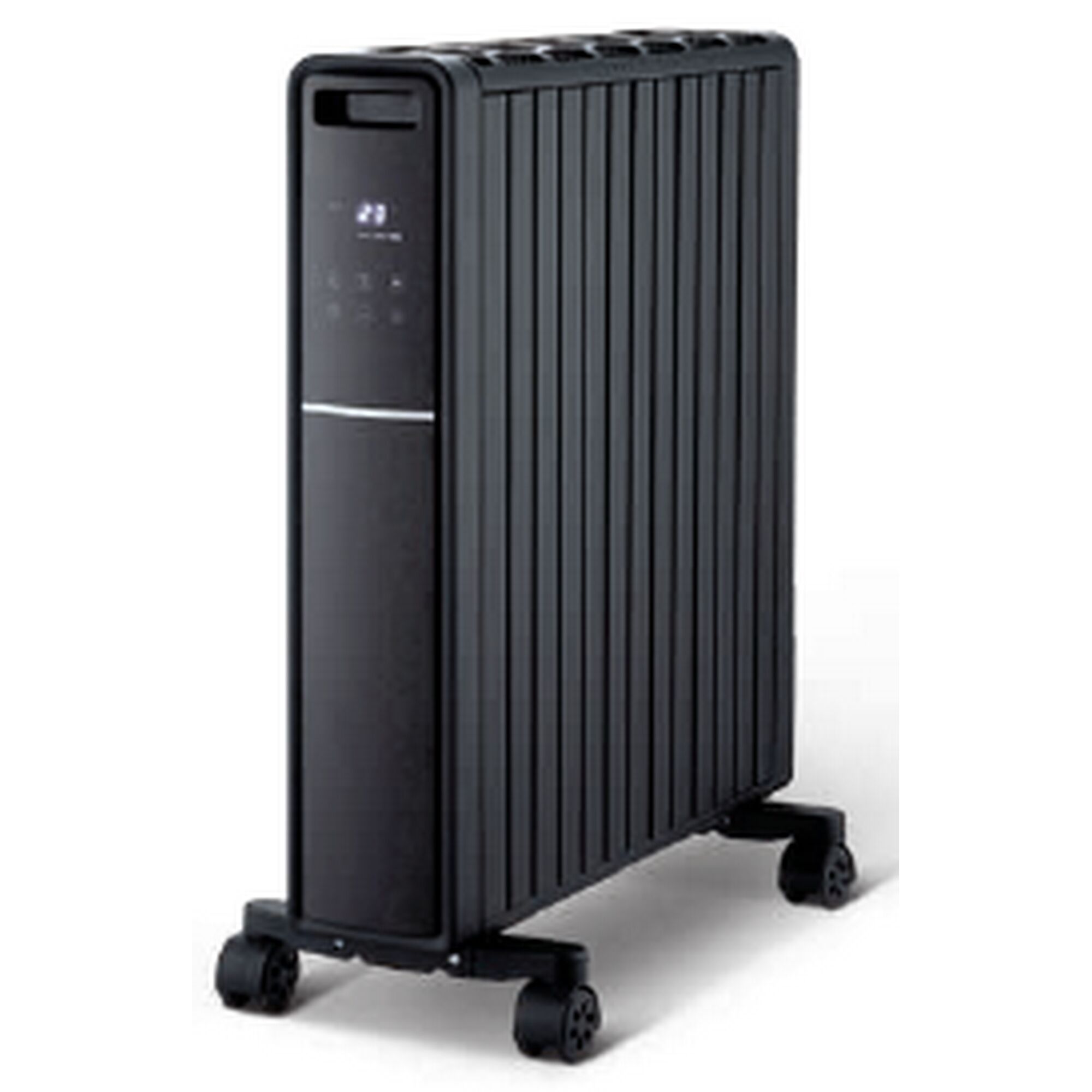 Schwarzer Wärmekonvektor mit Rollen und digitaler Anzeige.