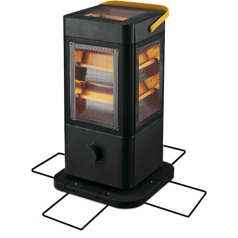 Schwarzer Quarz-Heizstrahler mit orange leuchtenden Heizstäben.