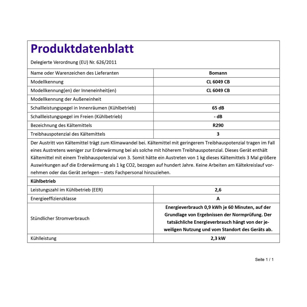 Produktdatenblatt Klimagerät CL 6049 CB
