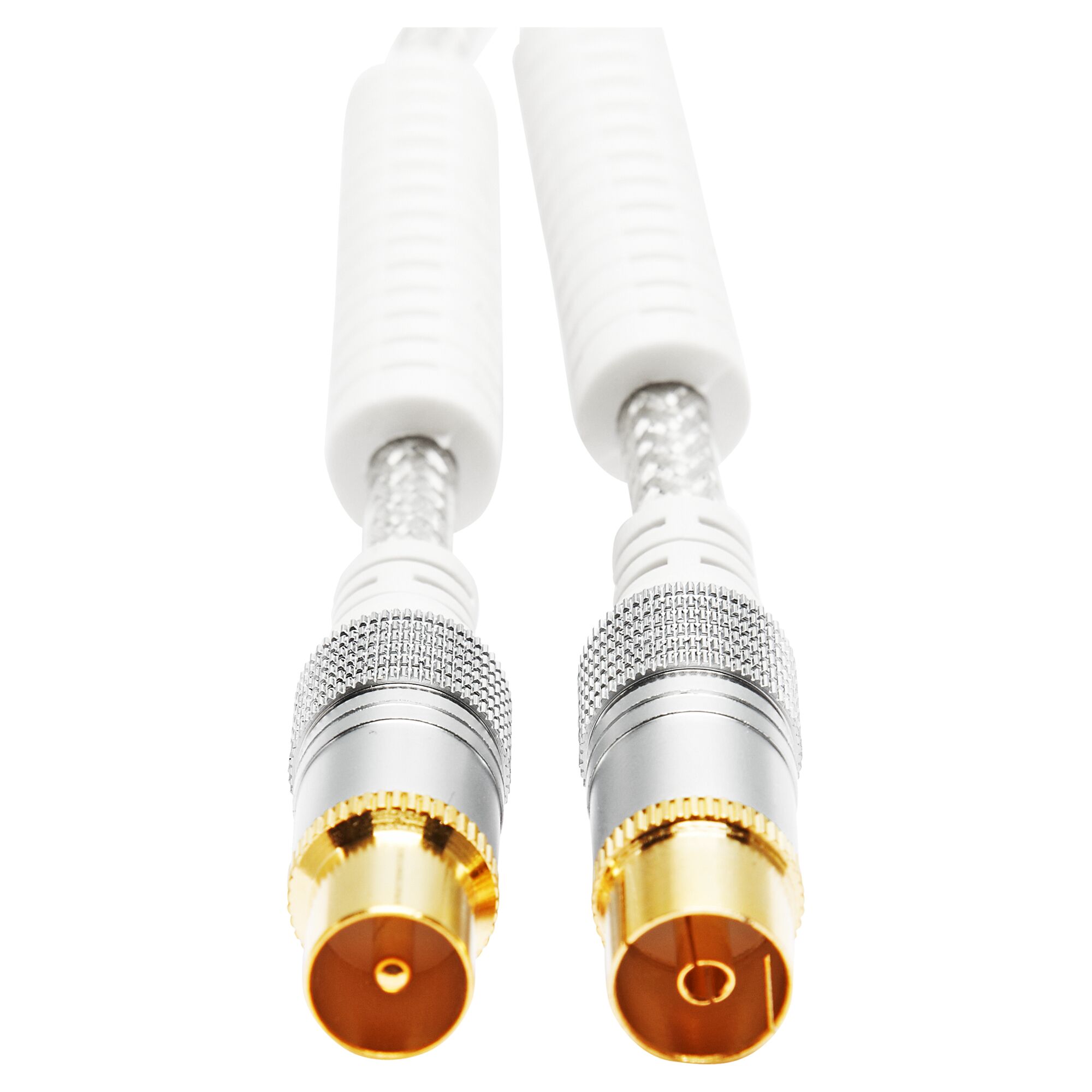 Weißes Antennenkabel mit zwei goldenen Steckern.