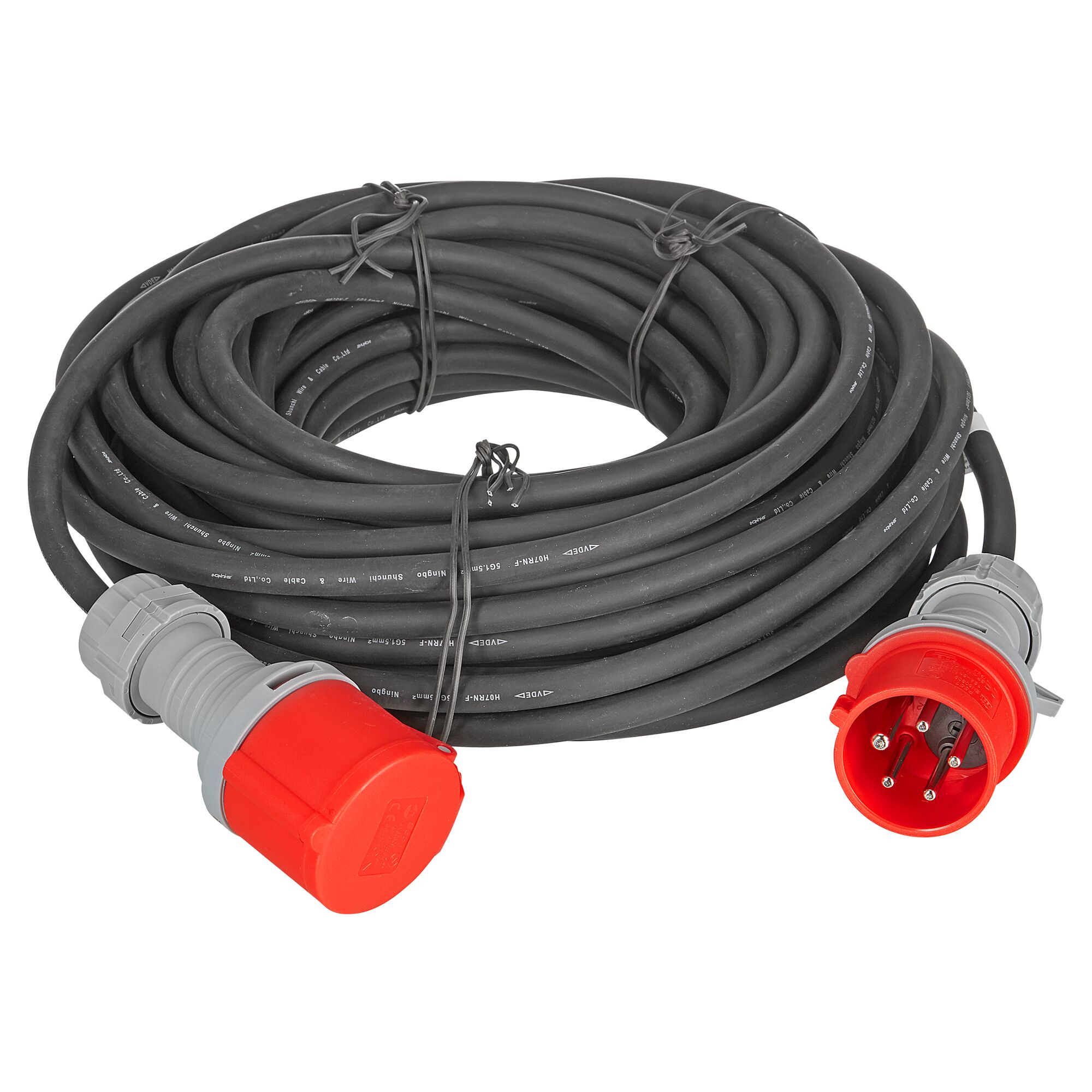 Aufgerolltes schwarzes Verlängerungskabel mit roten Steckern