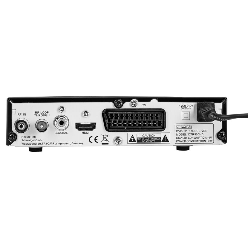 Rückseite eines DVB-T2-Receivers mit Anschlüssen