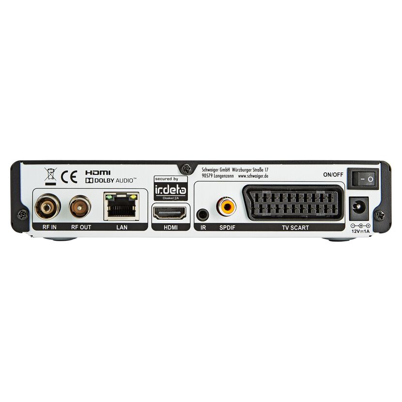 Rückseite eines DVB-T2 Receivers mit Anschlüssen