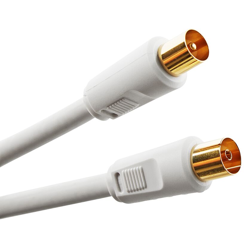 Weißes Antennenkabel mit goldenen Anschlüssen