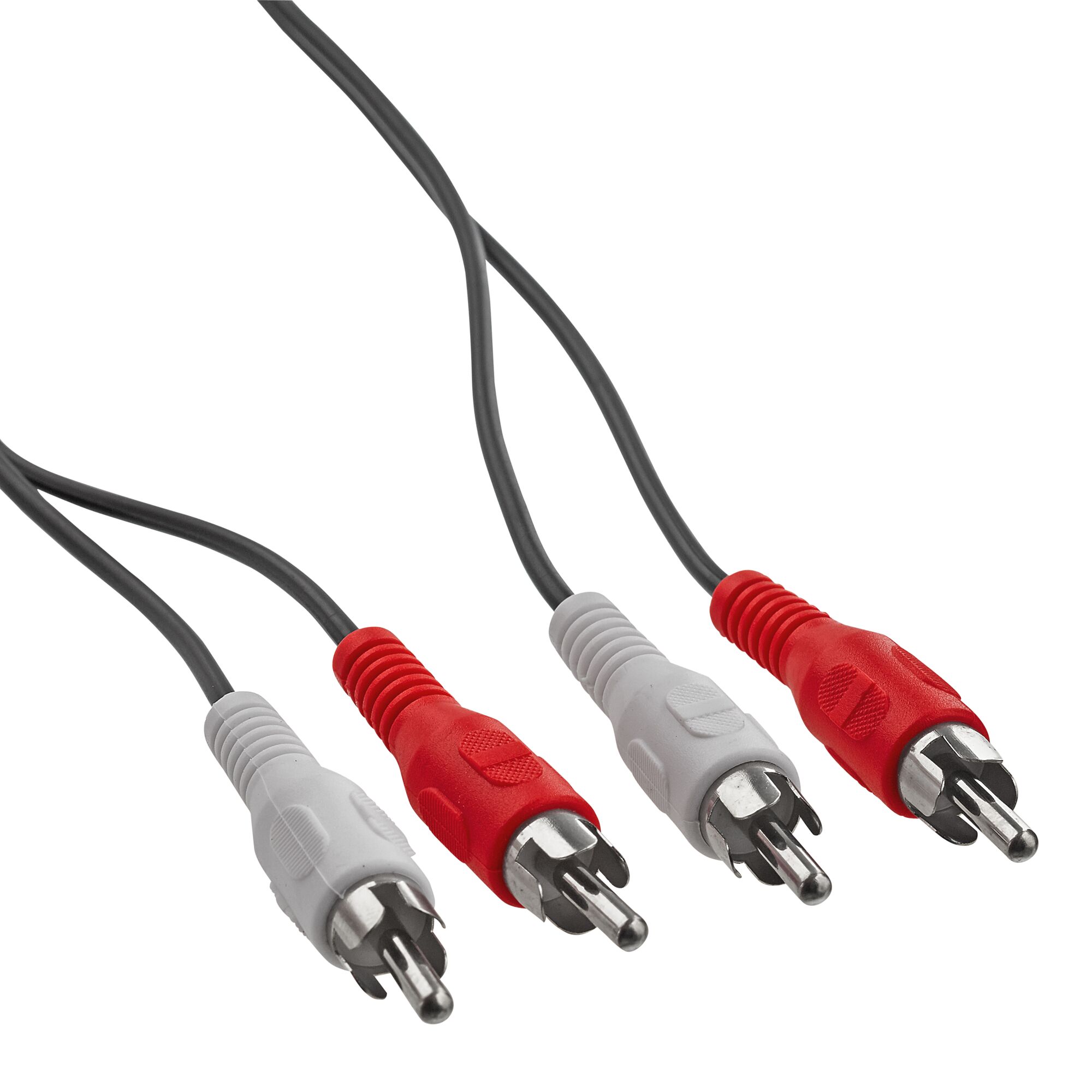 Zwei Cinch-Audiokabel mit je einem roten und einem weißen Stecker