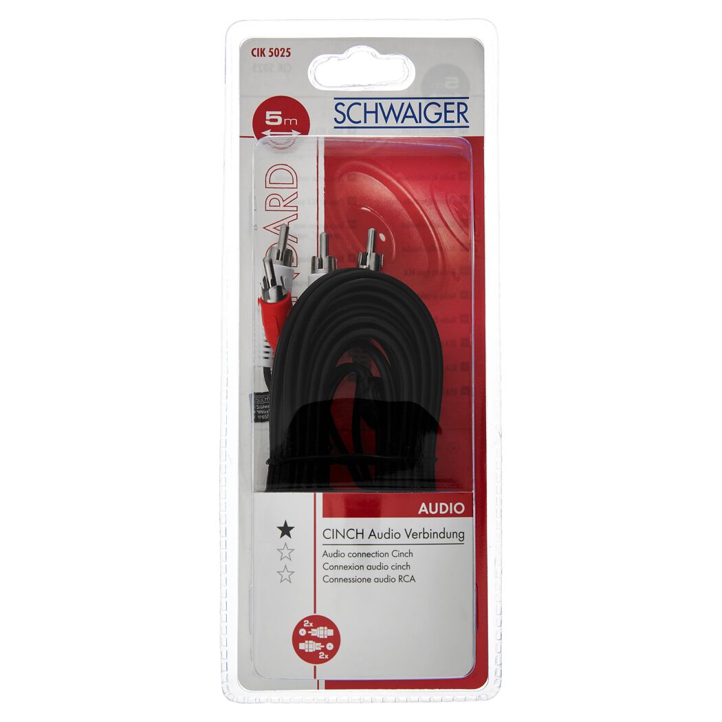 Schwarzes Cinch-Audiokabel 5m in Verpackung