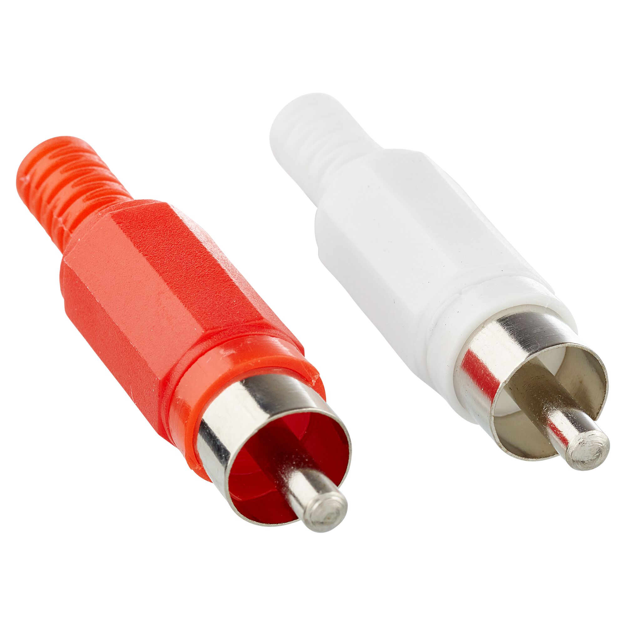 Zwei Cinch-Stecker: rot und weiß