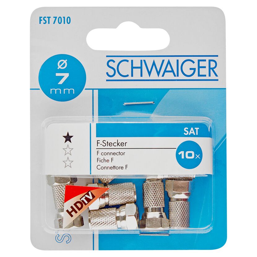 Zehn F-Stecker von Schwaiger für SAT in Verpackung