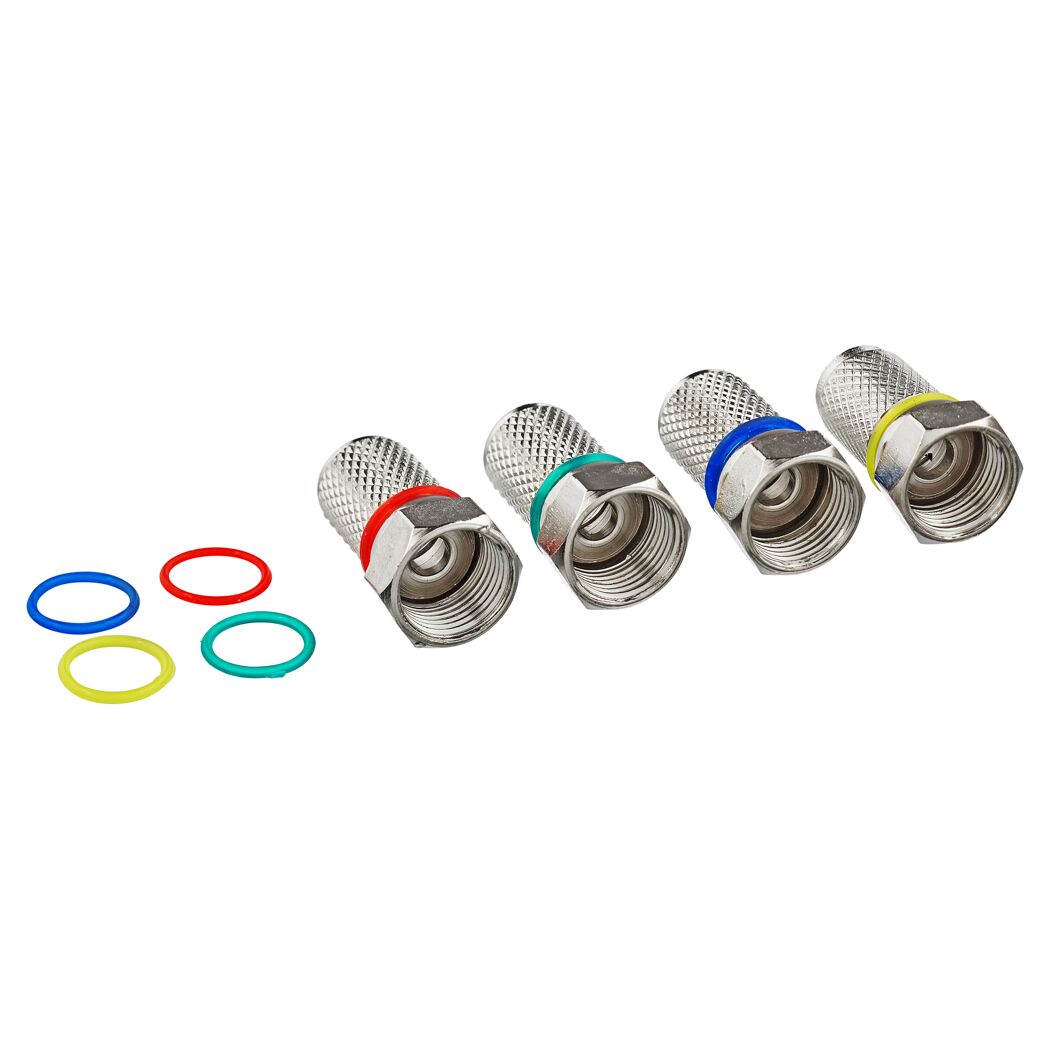 Vier F-Stecker mit farbigen Ringen und Dichtungsringen